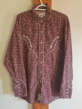 Vintage PANHANDLE SLIM Western Snap Shirt with White Piping - Burgundy Floral